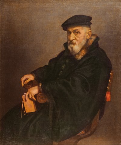 Portret van een oude man met een boek, mogelijk Giovan Battista Seradobati, een Italiaanse notaris, na 1575 door Giovanni Battista Moroni